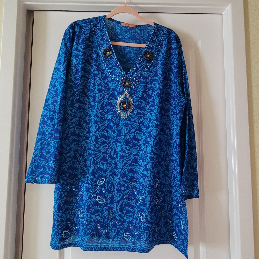Blue Embellished Women's Top By FESA By Merjement Is Size XL cotton